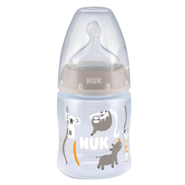 Nuk FC lutipudel 150ml 0-6kuud silikoon lutiga hall Jungli loomad temperatuuri kontrolliga