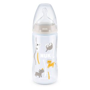 Nuk FC lutipudel 300ml 0-6kuud silikoon lutiga valge/beez Jungli loomad temperatuuri kontrolliga