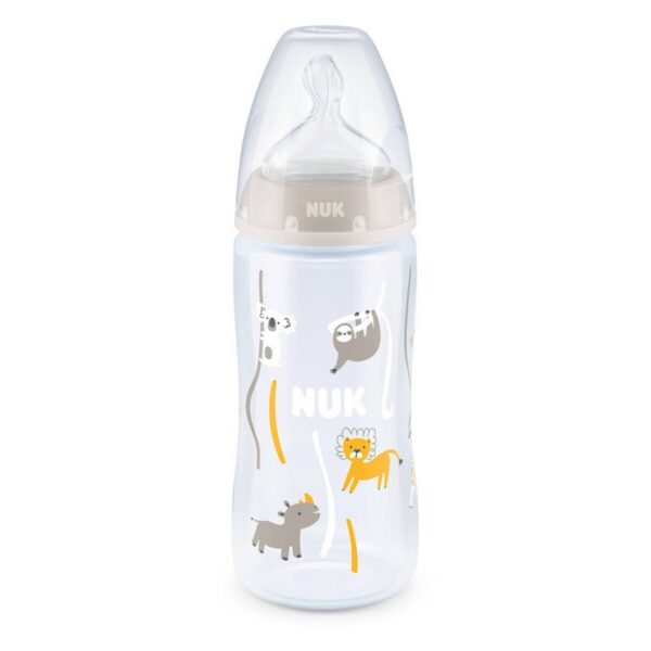 Nuk FC lutipudel 300ml 0-6kuud silikoon lutiga valge/beez Jungli loomad temperatuuri kontrolliga