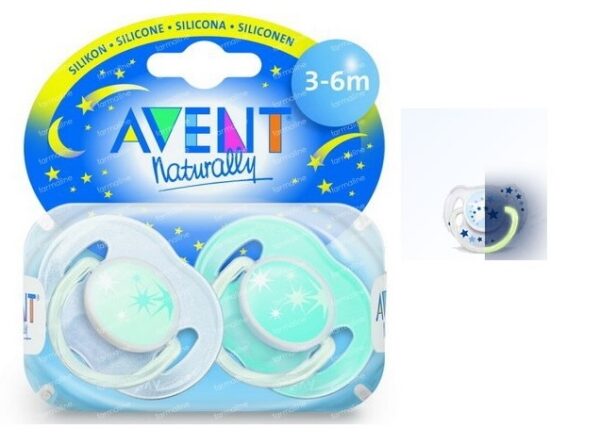 Avent silikoonlutt öö 3+, 2tk 4026019 helendava rõngaga,rohekas sinised.