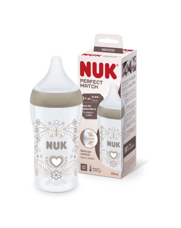 Nuk FC lutipudel 300ml 3+kuud M silikoonist lutiga PERFECT MATCH, Heart,temperatuuri kontrolliga