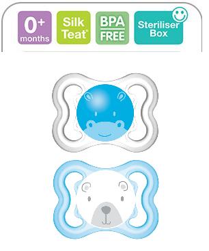 MAM AIR SILIKOONLUTID 2TK 0-6KUUD VALGE/SININE smile,STERILISATSIOONIKARBIS. 295002
