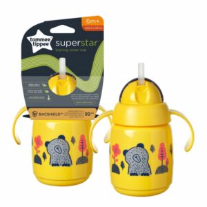 Tommee Tippee SuperStar Training Straw Cup kõrre ja käepidemetega 6+kuud 300ml kollane loomakestega