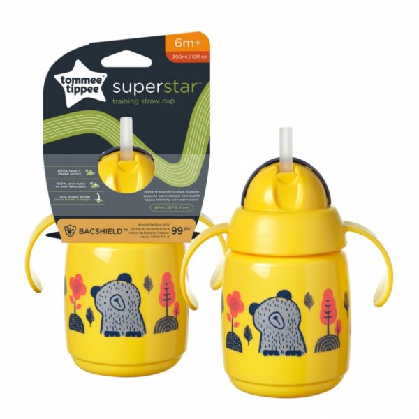 Tommee Tippee SuperStar Training Straw Cup kõrre ja käepidemetega 6+kuud 300ml kollane loomakestega
