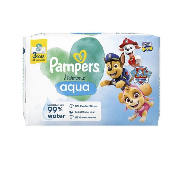 Pampers Harmonie Aqua Niisked Beebisalvrätid, 48tkx3pk=144 Niisket Salvrätikut Paw Patrol