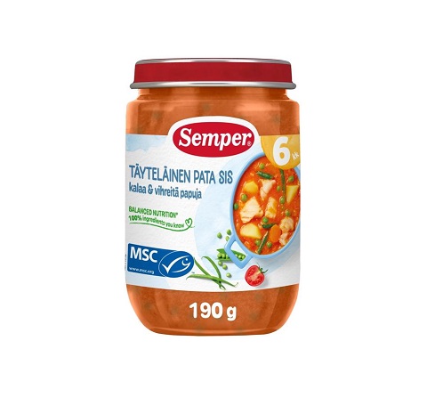Semper  kreemjas kala ja roheliste ubade hautis 3×190 g, alates 6-elukuust (1purk-1.99eur)