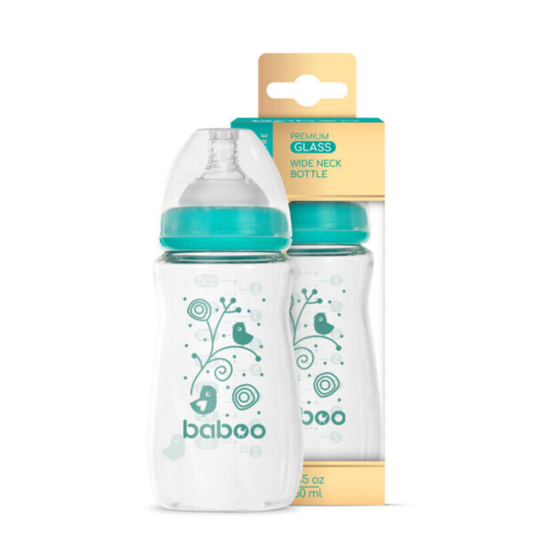 BABOO® Anti-koolikute borosilikaatklaasist lutipudel laia kaelaga meditsiinilisest silikoonist lutiga 3+ kuud, 250 ml