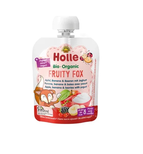 Holle Õuna-, banaani- ja marjapüree jogurtiga FRUITY FOX, beebidele alates 8. elukuust, mahe 3x85g (1tuub-1,69eur)