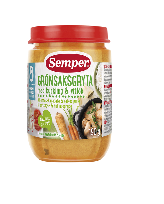 Semper juurvilja-kanapada küüslauguga 3×190 g, alates 8-elukuust (1purk-2,10eur)