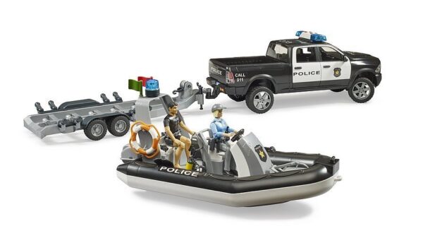 Bruder RAM 2500 politseiauto+haagis koos paadiga (must/valge, sh 2 figuuri) 1:16
