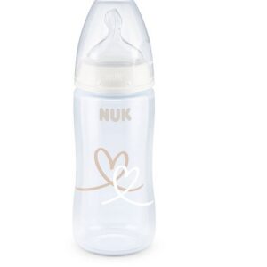 Nuk FC lutipudel 300ml 0-6kuud silikoon lutiga valge/beez südametega temperatuuri kontrolliga