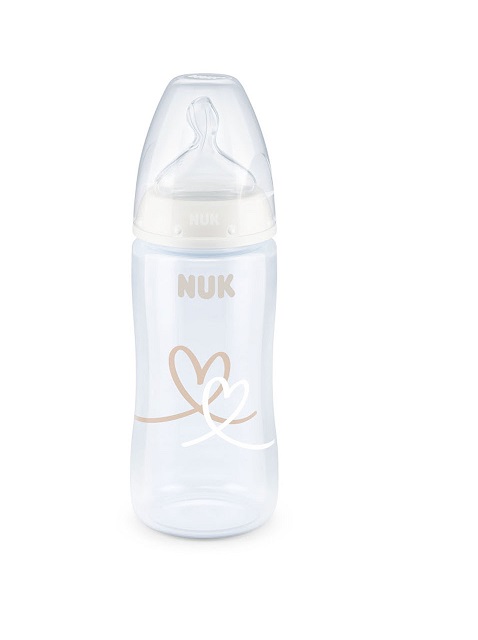 Nuk FC lutipudel 300ml 0-6kuud silikoon lutiga valge/beez südametega temperatuuri kontrolliga
