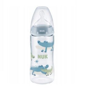 Nuk FC lutipudel 300ml 0-6kuud silikoon lutiga sinine krokodillidega temperatuuri kontrolliga