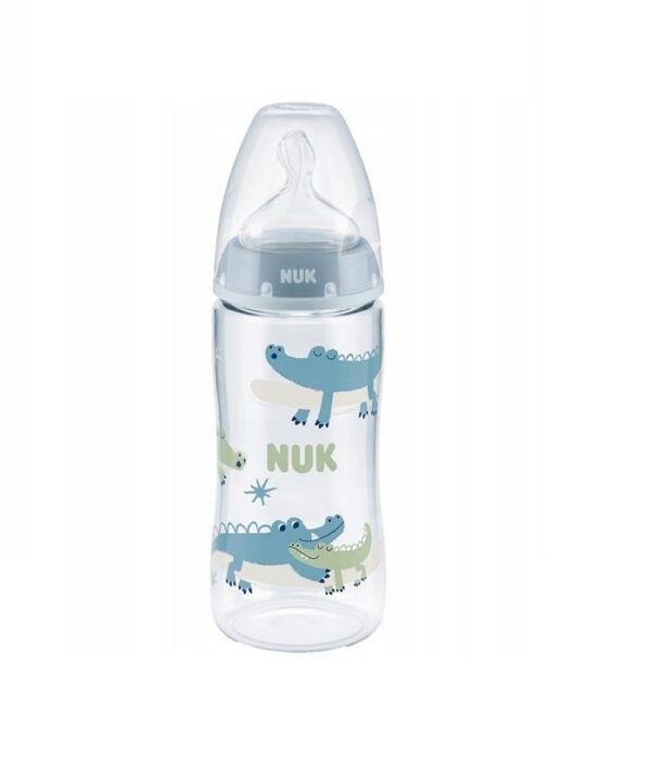 Nuk FC lutipudel 300ml 0-6kuud silikoon lutiga sinine krokodillidega temperatuuri kontrolliga