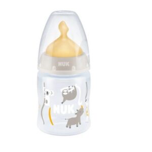Nuk FC lutipudel 150ml 0-6kuud lateks lutiga hall/valge jungliloomad temperatuuri kontrolliga