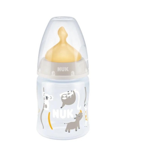 Nuk FC lutipudel 150ml 0-6kuud lateks lutiga hall/valge jungliloomad temperatuuri kontrolliga