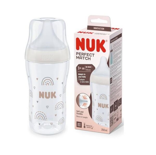 Nuk FC lutipudel 300ml 3+kuud M silikoonist lutiga PERFECT MATCH Rainbow,temperatuuri kontrolliga