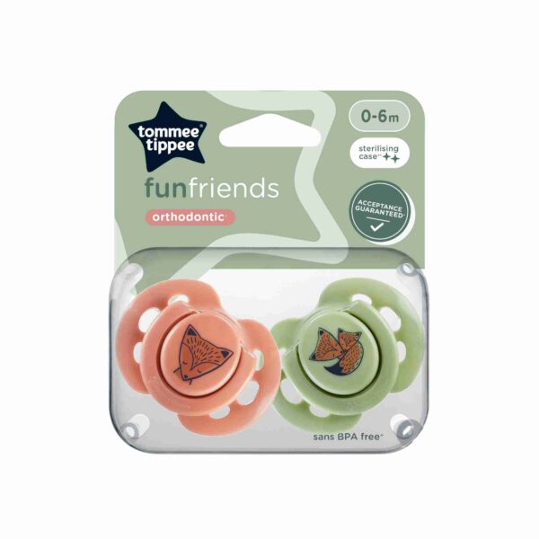 Tommee Tippee Fun Friends silikoon rõngaslutt, 0-6 kuud, 2tk steriliseerimiskarbis tumeroosa/roheline rebane