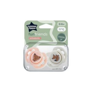 Tommee Tippee Fun Friends silikoon rõngaslutt, 0-6 kuud, 2tk steriliseerimiskarbis heleroosa/hallrebane