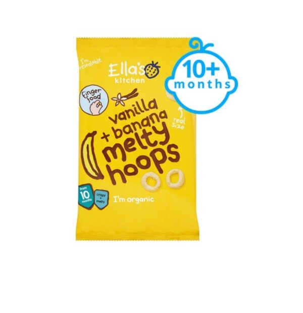 Ella`s kitchen Banaani-vanilje maisirõngad 4×20 g, alates 10-elukuust (1pakk-1,43eur)