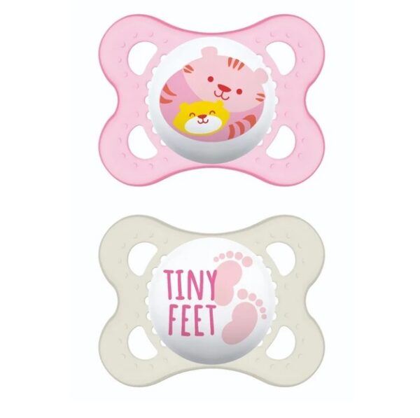 MAM Mini Ulti silikoonlutid 2 tk sirge lutiga Roosa Kiisu pojaga/Valge Tiny Feet 0-6kuud