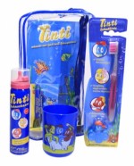 Tinti hambapesukomplekt(hambahari,pesuvaht,topsik,mänguasi,kott) 3+aastasele
