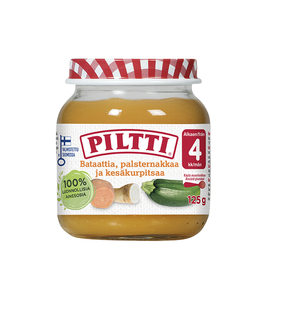 Piltti lastetoit bataadi, pastinaagi ja suvikõrvitsaga 3x125g 4.kuust (1purk-0,89eur)