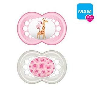 MAM ORIGINAL SILIKOONLUTID 2 TK 6+KUUD SIRGE OTSAGA,STERILISEERIMISKARBIS roosa/valge kaelkirjak sõbraga ja roosad laigud 295062