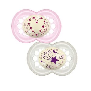 MAM öölutt Night Original helendav 6+ ortodontiline  2tk Heleroosa süda/valge tähega steriliseerimiskarbis