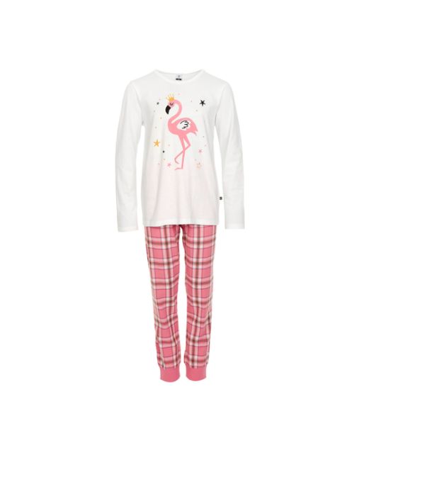 Pidzaama House trikotaaz pluus+flanell püksid Valge/roosa Flamingo (90-110cm)