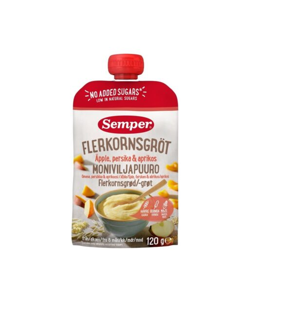 Semper mitmeviljapuder õuna, virsiku ja aprikoosi, 8kuust 3x120g  (1tuub-2,05eur)
