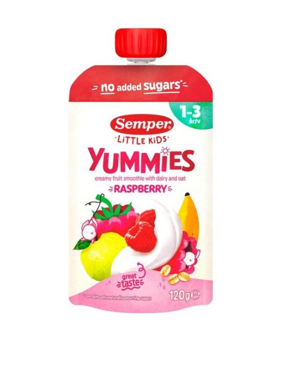Yummies Õuna,banaani,vaarika,kaera ja jogurtipüree 1+aastast 3x120ml SEMPER (1tuub-1,79eur)