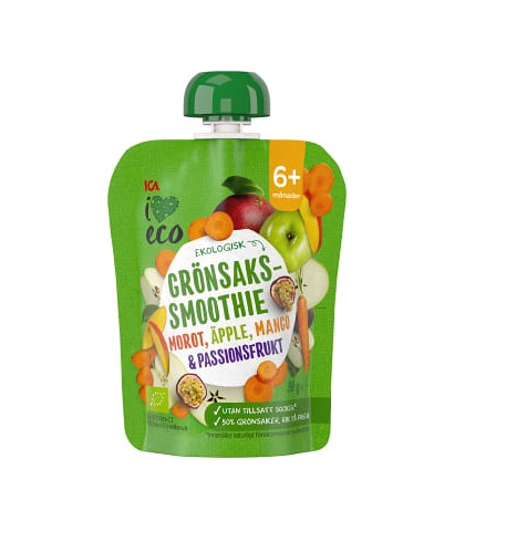 ICA I Love Eco Köögiviljasmuuti Porgandi,õuna,mango,passioni  90g  6+kuust