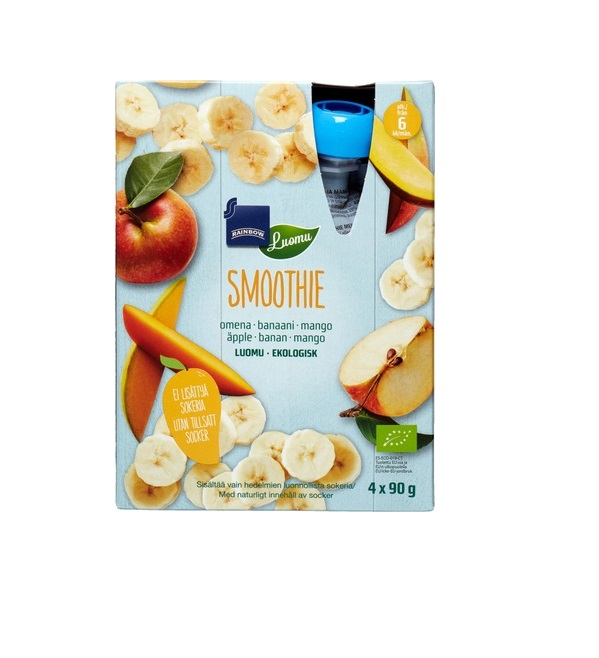 Rainbow orgaaniline õuna-banaani-mango smuuti 4×90 g, alates 6-elukuust (1tuub-1,01eur)