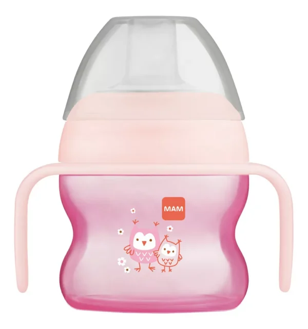 MAM Starter Cup 150ml joogitass sangadega 4+kuud alates,tilkumiskindel,roosa öökullidega