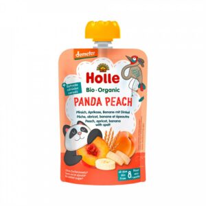 Virsiku-aprikoosi banaanipüree speltaga Holle 6×100 g, alates 8-elukuust (1tuub-1,69eur) PANDA PEACH