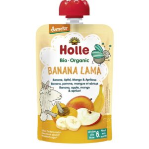 Banaani-õuna-mango-aprikoosipüree 6×100 g, alates 6-elukuust (1tuub-1,69eur) Holle LAMA