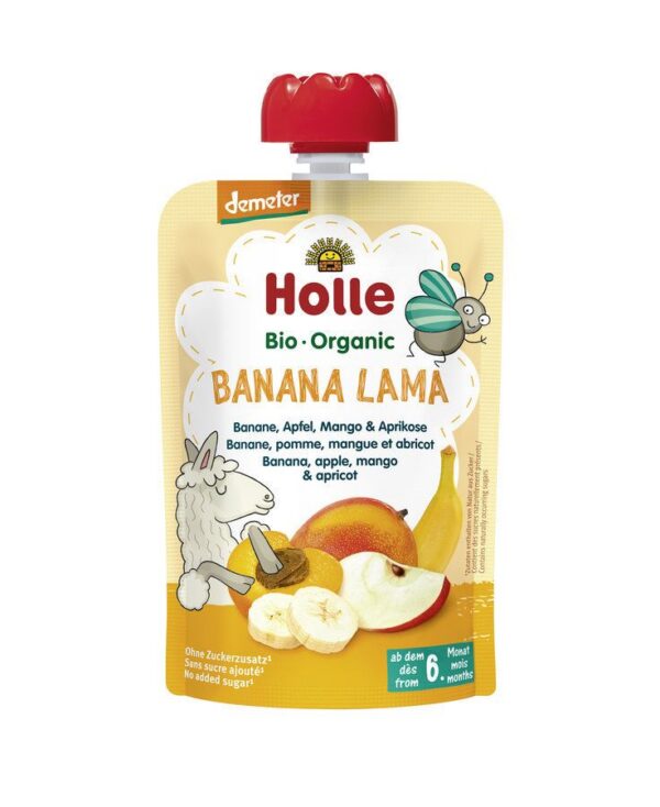 Banaani-õuna-mango-aprikoosipüree 6×100 g, alates 6-elukuust (1tuub-1,69eur) Holle LAMA