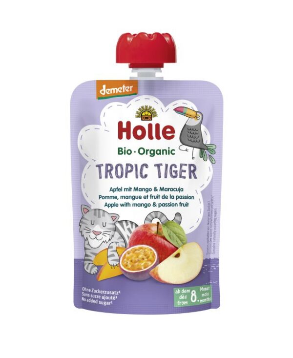 Õuna-mango passioniviljapüree Holle 6×100 g, alates 8-elukuust (1tuub-1,69eur) TROPIC TIGER