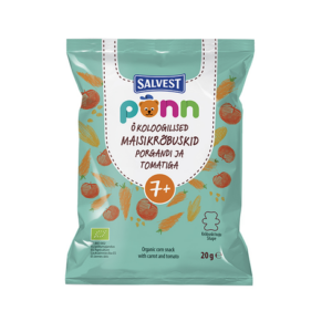 Öko maisikrõbuskid porgandi ja tomatiga Põnn Salvest 2×20 g 7+kuust (1pakk-1,62eur)