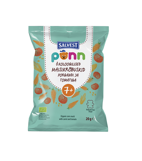 Öko maisikrõbuskid porgandi ja tomatiga Põnn Salvest 2×20 g 7+kuust (1pakk-1,62eur)