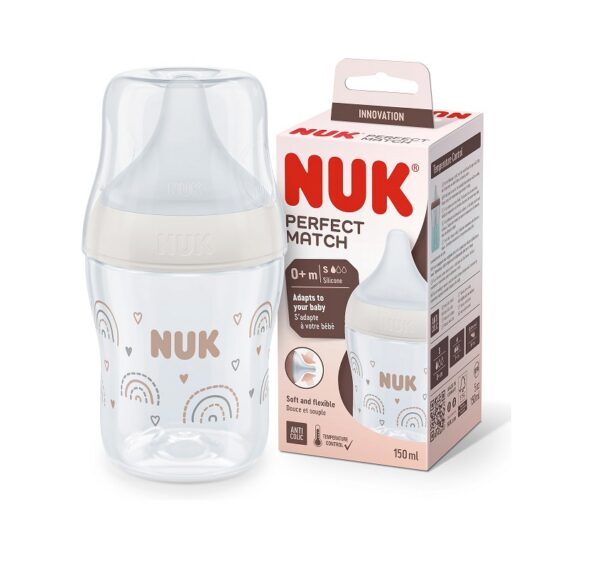 Nuk FC lutipudel 150ml 0-6kuud S silikoonist lutiga PERFECT MATCH Rainbow,temperatuuri kontrolliga