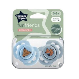 Tommee Tippee Fun Friends silikoon rõngaslutt, 0-6 kuud, 2tk steriliseerimiskarbis sinised rebane