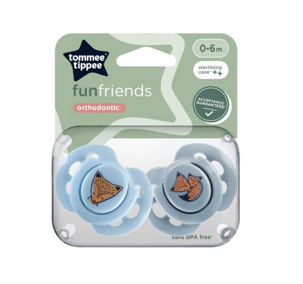 Tommee Tippee Fun Friends silikoon rõngaslutt, 0-6 kuud, 2tk steriliseerimiskarbis sinised rebane