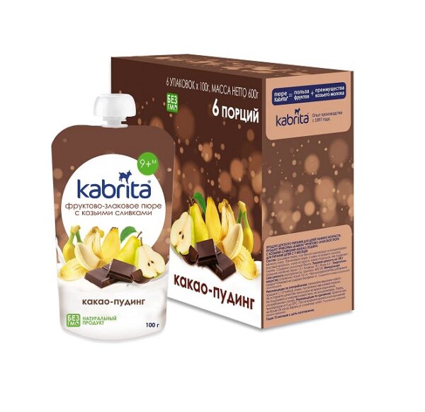 Kabrita Puuviljapüree teravilja ja kitsekreemiga “Kakaopuding”, alates  alates 9+kuust, 6x100g(1tuub-3,15eur)