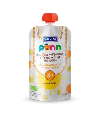 Salvest Põnn Ökoloogiline Hirsi-kaerapuder kollase ploomi ja mangoga TERE HOMMIKUST  6-elukuust  3x110g (1purk-1,82eur)