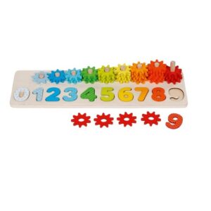 Goki toppimis-sobitamis-sorteerimismäng puidust Numbrid 0-9 hammasratastega 3+aastasele