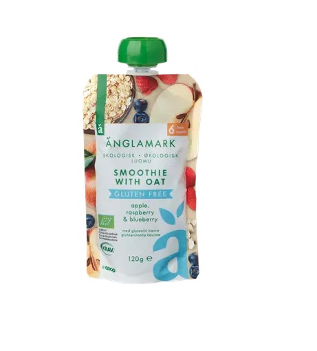 Änglamark Kaera sisaldav mahepuuviljapüree õun-vaarikas-mustikas 3×120 g, alates 6-elukuust (1tuub-1,19eur)