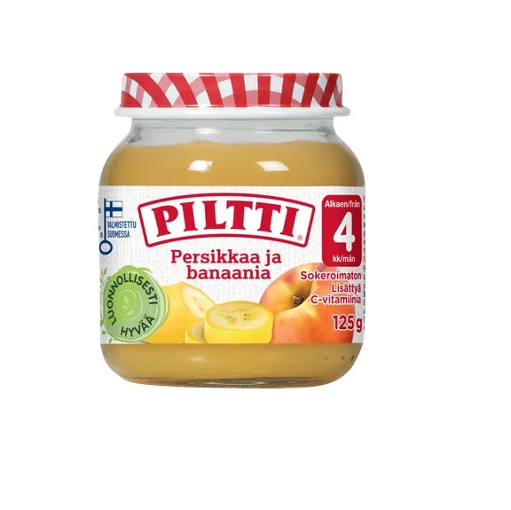 Piltti virsiku-banaanipüree 3×125 g, alates 4-elukuust (1purk-0,99eur)