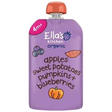 Ella´s Kitchen kõrvitsa-õuna-mustikapüree 3×120 g, öko, alates 4-elukuust (1tuub-2,47eur)